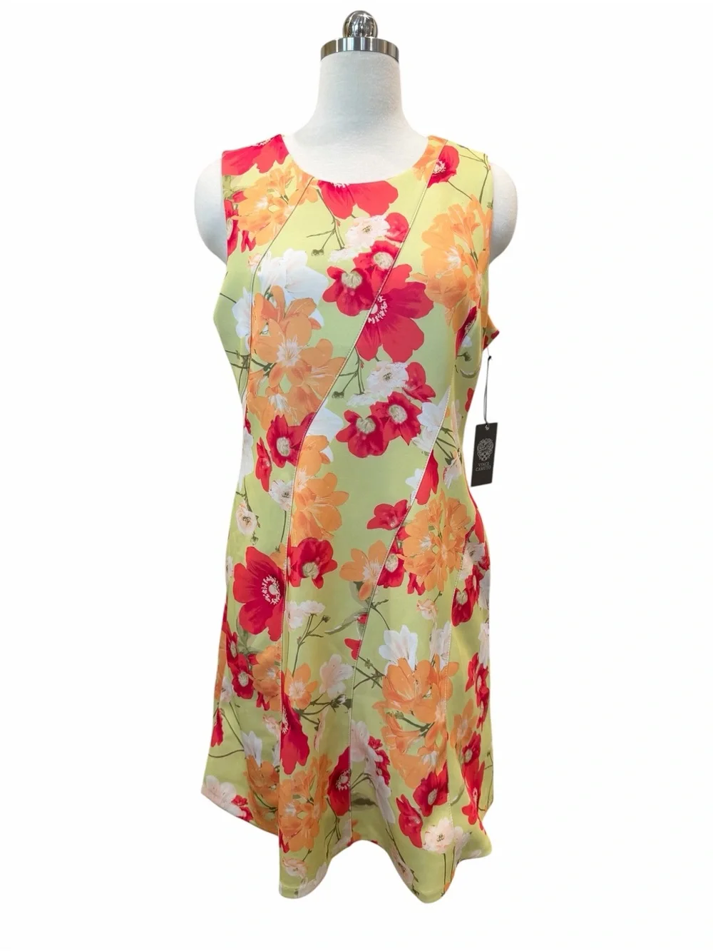 Vince Camuto Scuba Fit Flare Dress Floral Sleeveless Lime Green Orange 12 NWT